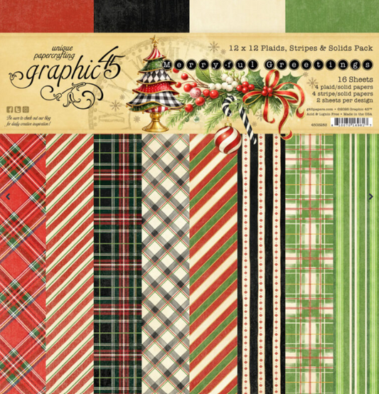 Graphic45 Merry-ful Greetings Plaids, Stripes & Solids Pack 12 x 12